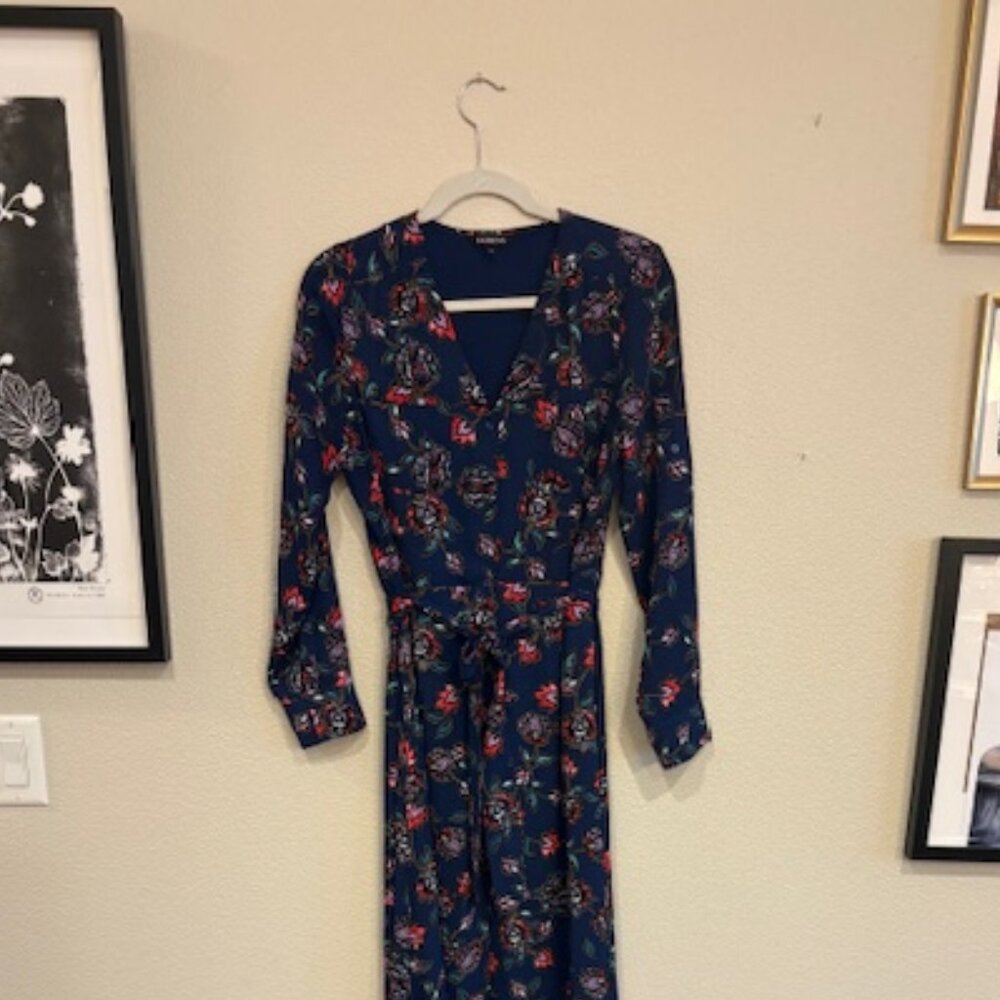 Express Navy Patterned Button Up Maxi Dress - Sz S - image 2